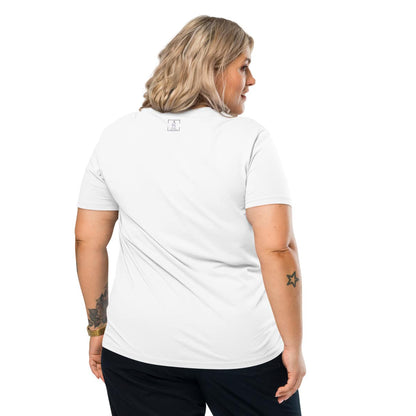 Back view of woman wearing a white t-shirt with a  Anke Wonder logo on the back, standing against a white background
