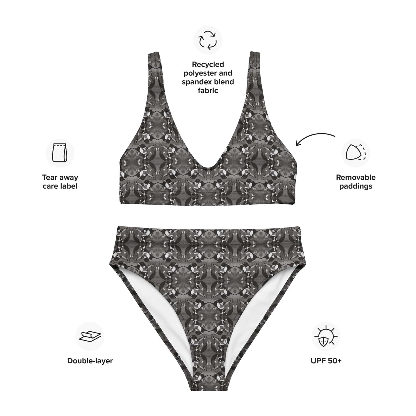 Black and white bird patterned bikini set with features highlighted on a white background