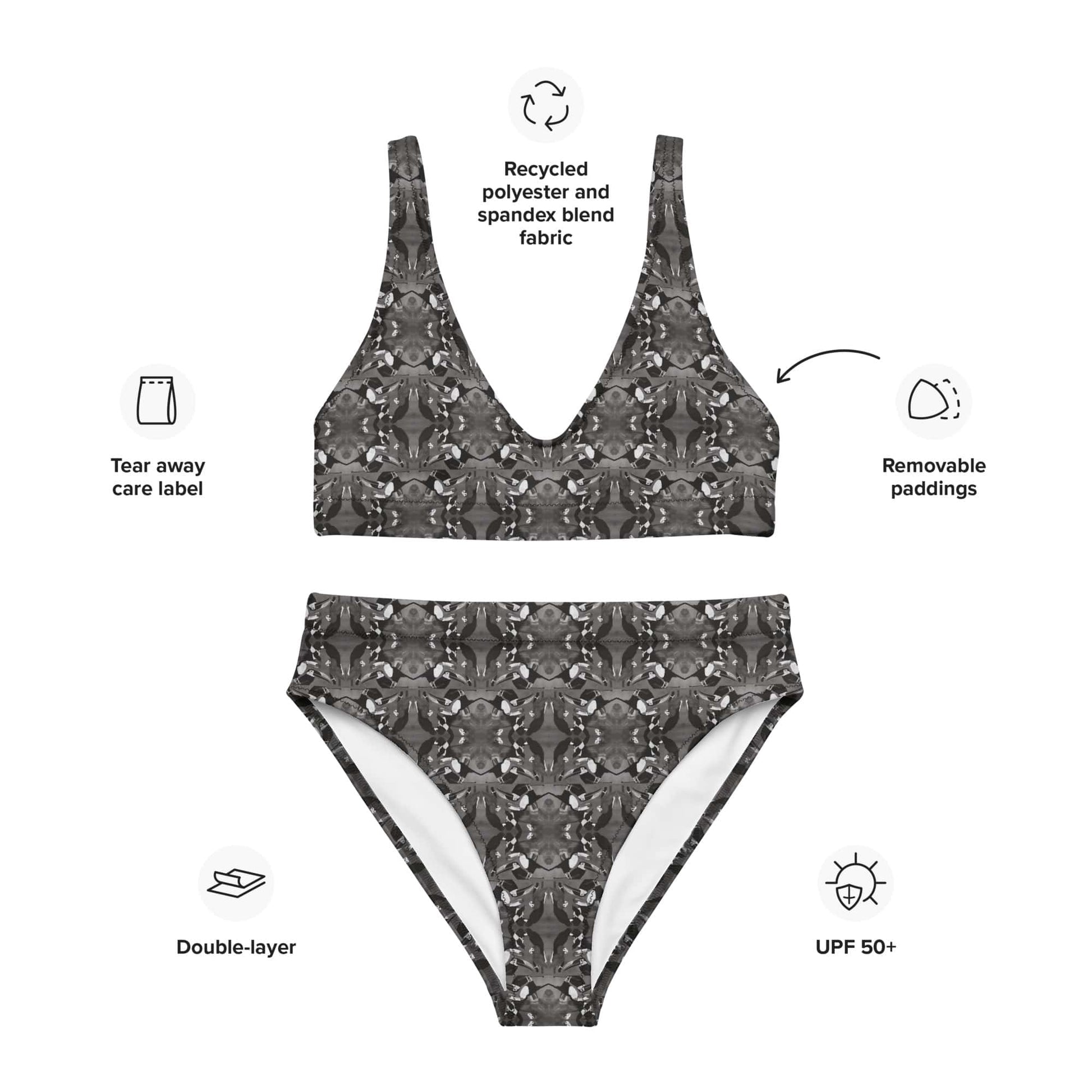Black and white bird patterned bikini set with features highlighted on a white background