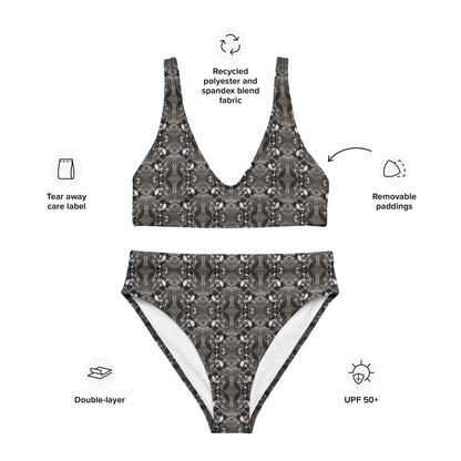 Black and white bird patterned bikini set with features highlighted on a white background