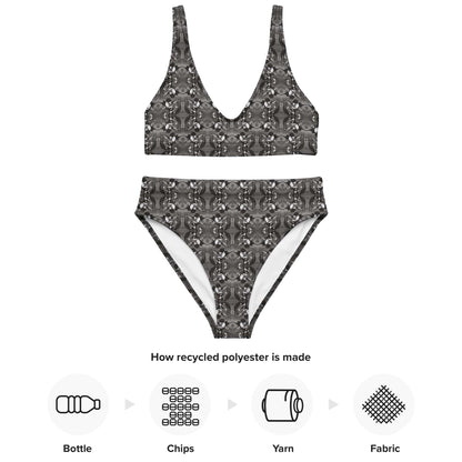 Black and white bird patterned bikini set with recycling process icons on a white background.