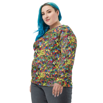 Woman wearing a colorful floral patterned shirt with butterflies on a white background