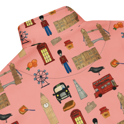 Close-up of mock neck and upper back of women’s track jacket, showing clean stitching and London-themed design by Anke Wonder.