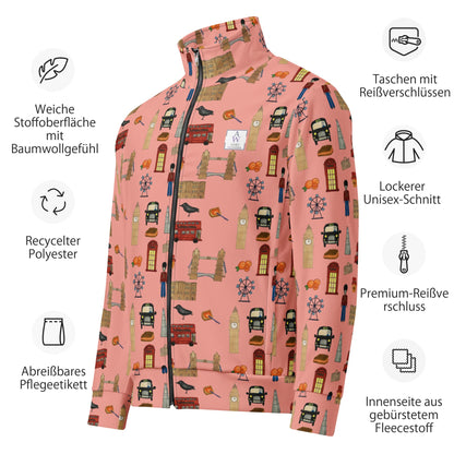 Flat lay of red women’s recycled track jacket with London design and product information in German.