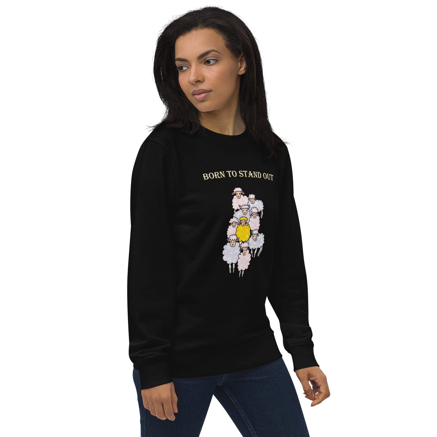 A side view of the sweatshirt from the right, displaying the soft organic fabric and the fit of the sleeves.