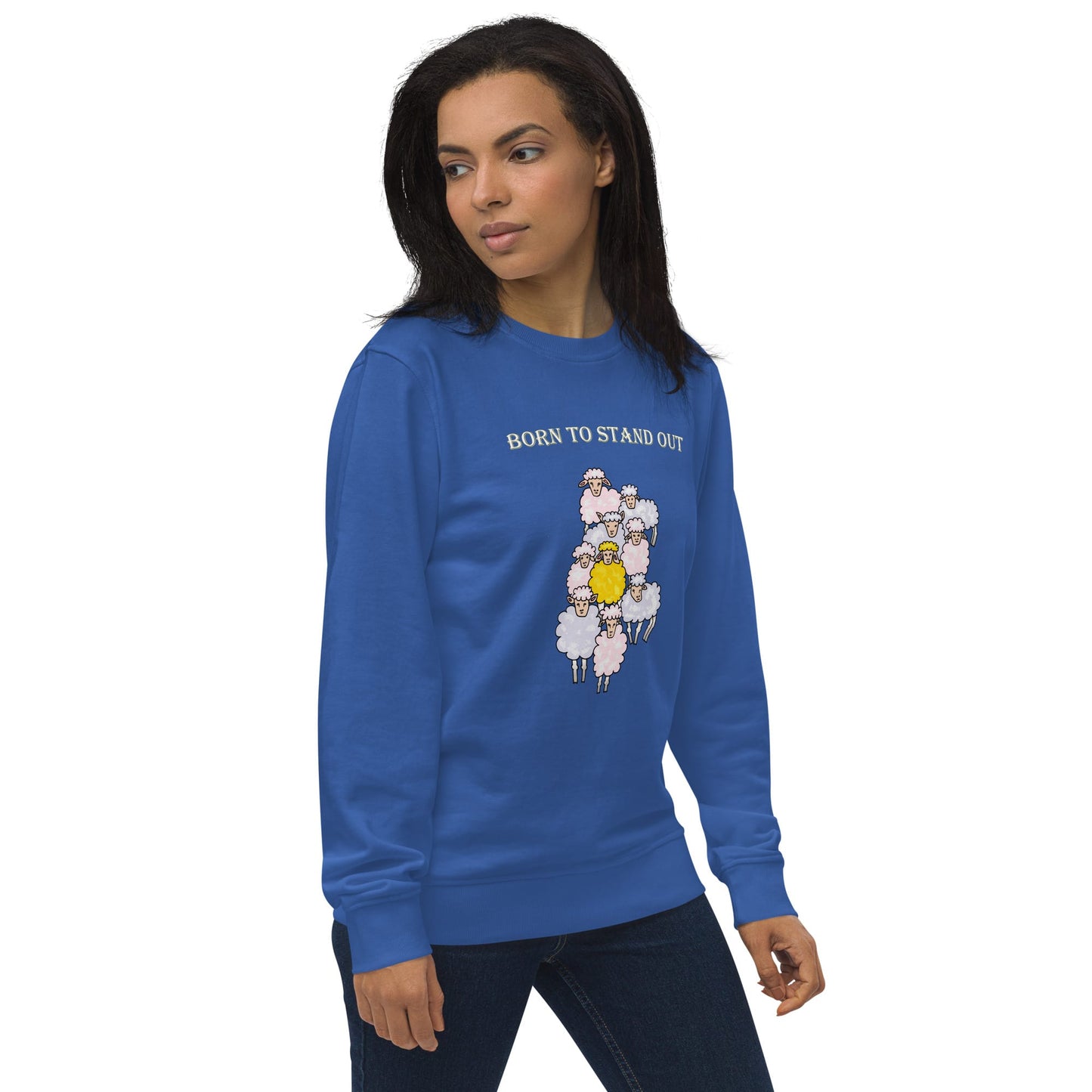 A side view of the blue sheep sweatshirt from the right, displaying the soft organic fabric and the fit of the sleeves.