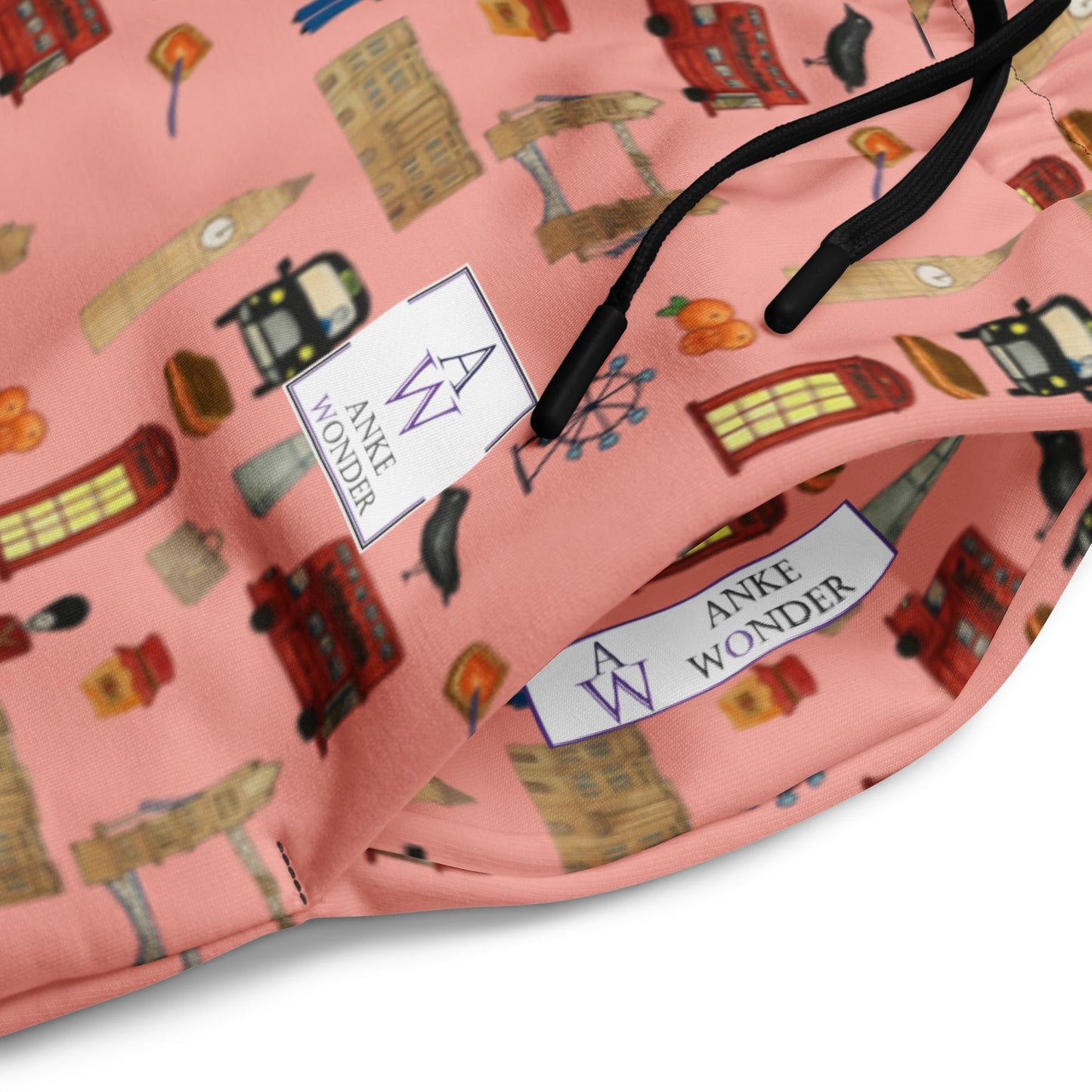 Close-up detail of side pocket on London-themed joggers showing stitching and Anke Wonder branding.