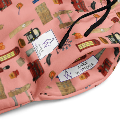 Close-up detail of side pocket on London-themed joggers showing stitching and Anke Wonder branding.