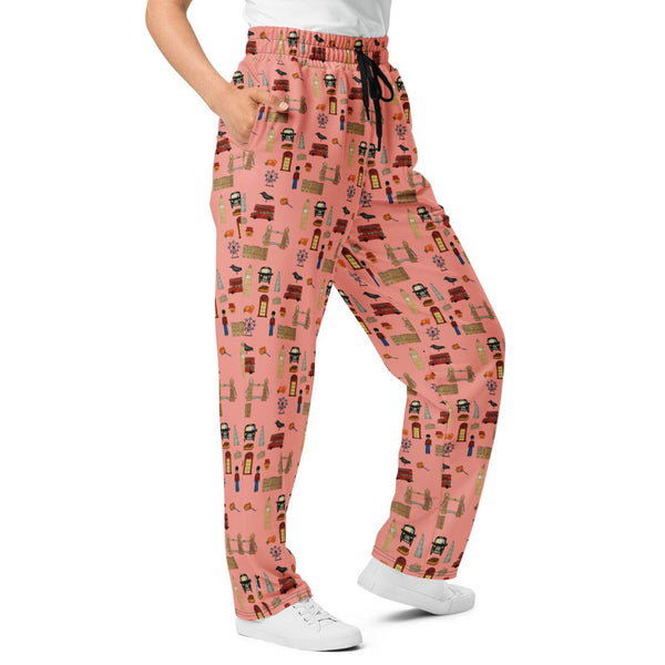 Close-up of right side of women's pink London-themed joggers showing side pocket and drawstring waistband by Anke Wonder.