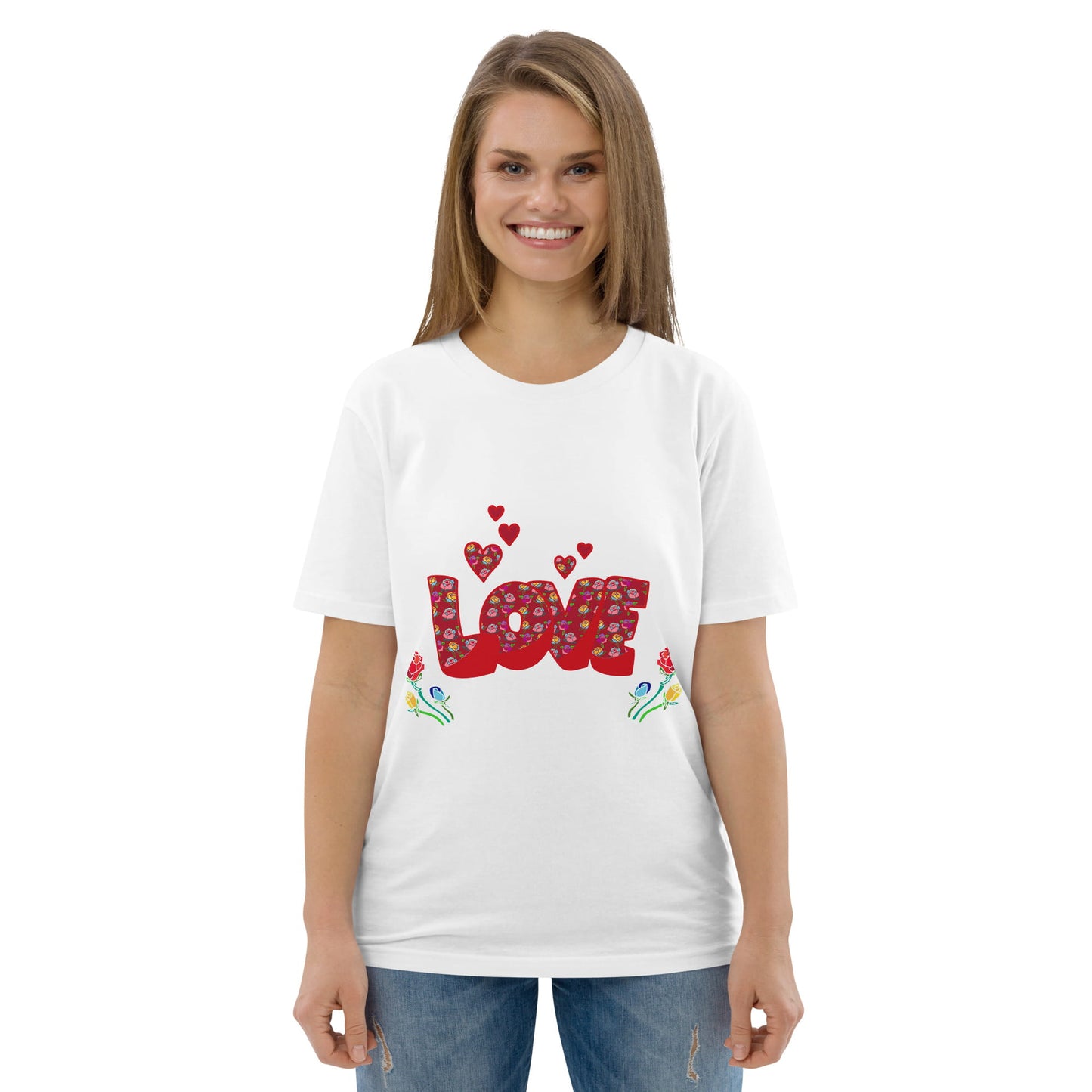 Women’s LOVE Graphic T-Shirt - Organic Cotton Hearts & Roses (Black, Pink & White) - Anke Wonder LLC