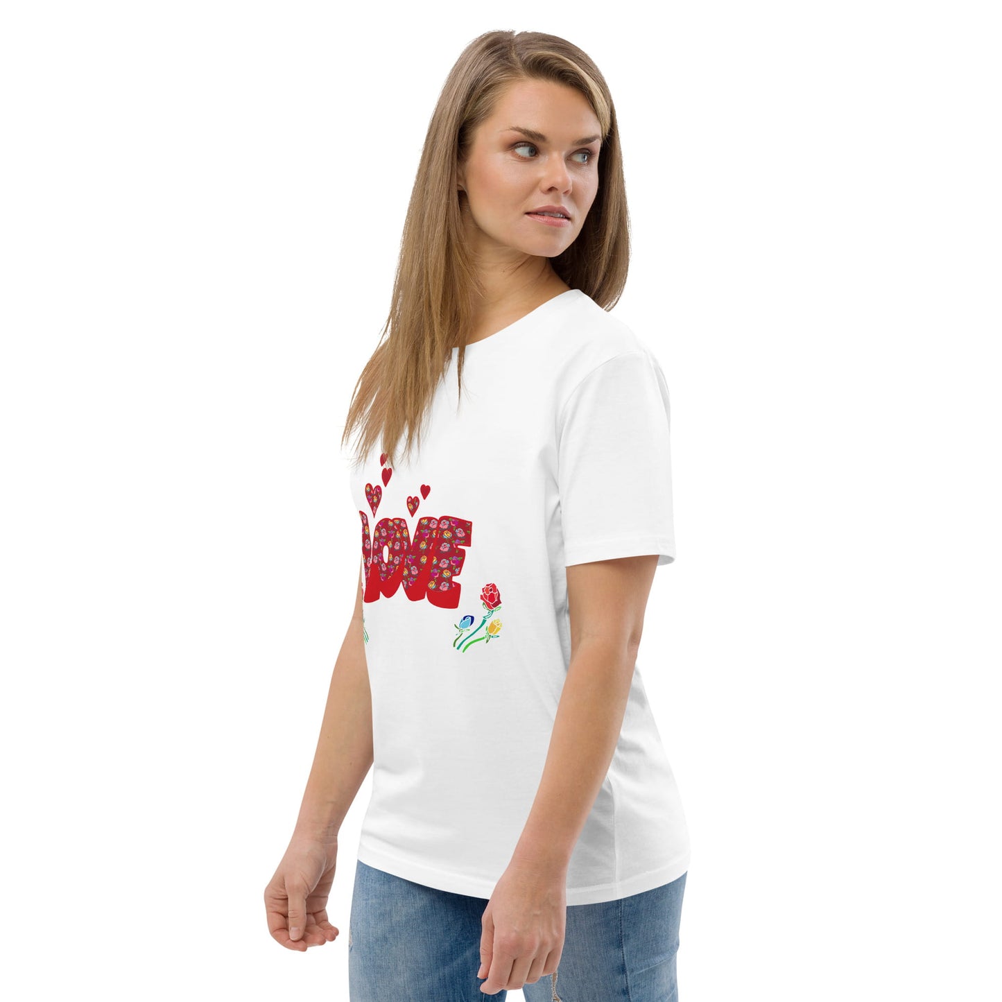 Women’s LOVE Graphic T-Shirt - Organic Cotton Hearts & Roses (Black, Pink & White) - Anke Wonder LLC