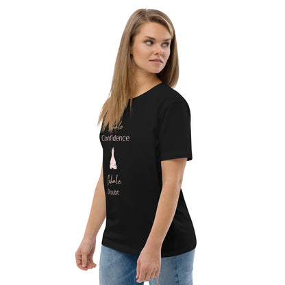 Side-back left view of a women's organic cotton t-shirt in black, highlighting the soft fabric and classic fit.