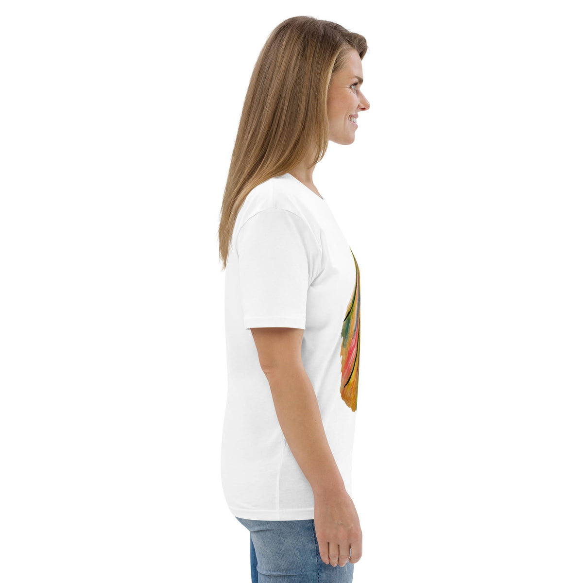 Side view of woman wearing a white t-shirt with a  colorful horse design.