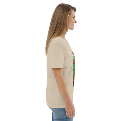 Side view of woman wearing a beige t-shirt with a tropical design on a white background