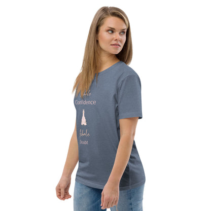 Side-back left view of a women's organic cotton t-shirt in heather grey, highlighting the soft fabric and classic fit.