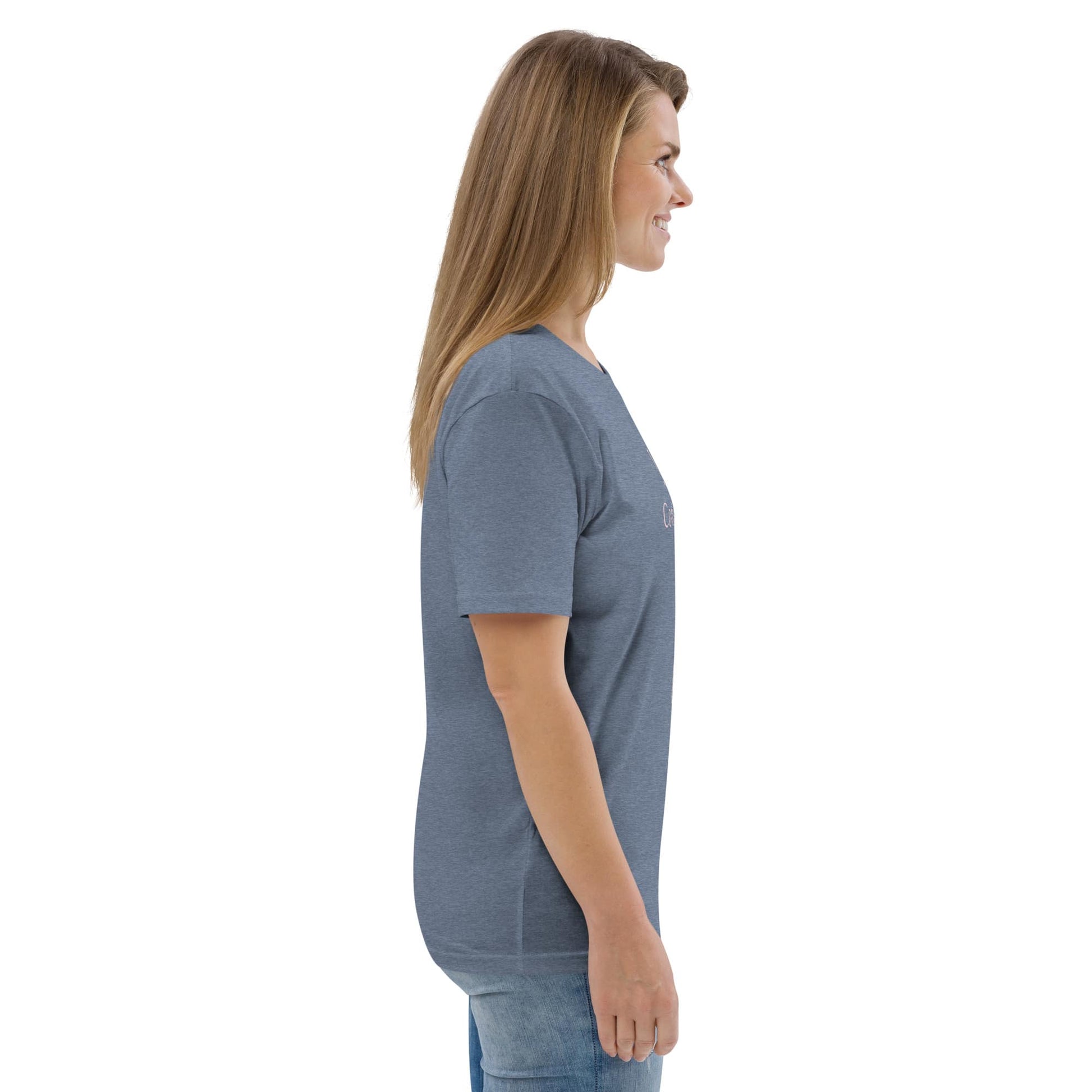 Side-back right view of a women's heather grey organic cotton t-shirt, showing the breathable fabric and sustainable design.