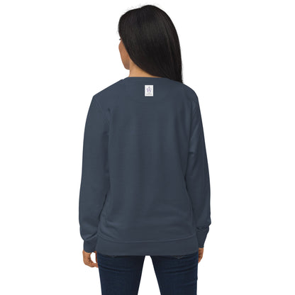 Back view of a navy organic sweatshirt, highlighting the simple and clean design with a smooth finish. Made from organic cotton and recycled materials, it offers eco-friendly comfort.