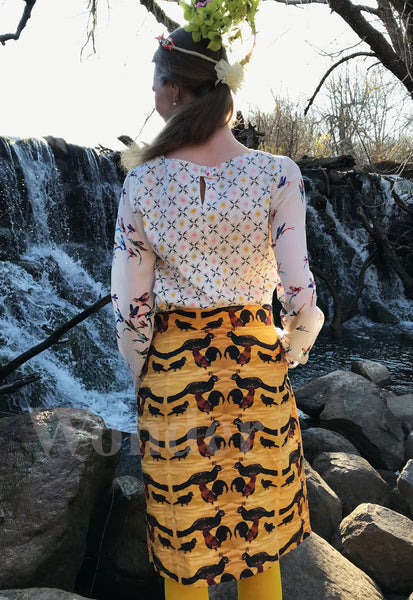Brown Womens Skirt with Hawaiin Chicken, Peacock and Dove Pattern
