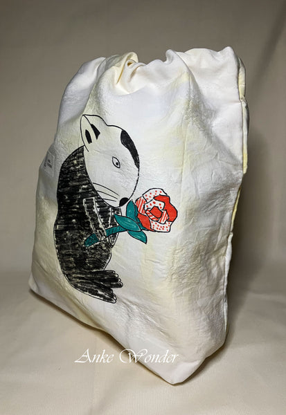Hand-Painted Black Bunny with Rose Drawstring Bag Naturally Dyed - Anke Wonder LLC