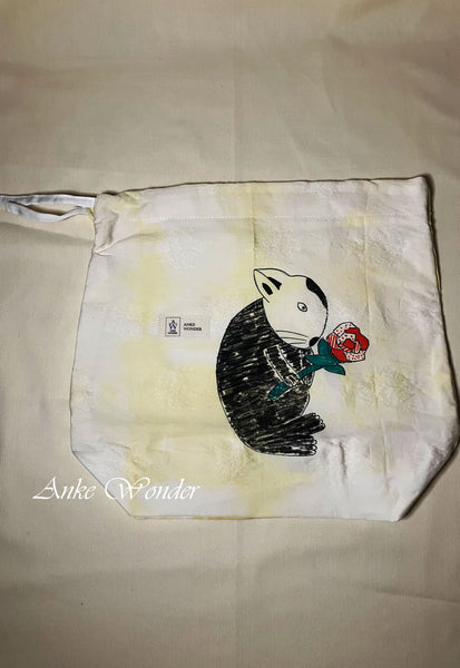 Hand-Painted Black Bunny with Rose Drawstring Bag Naturally Dyed - Anke Wonder LLC