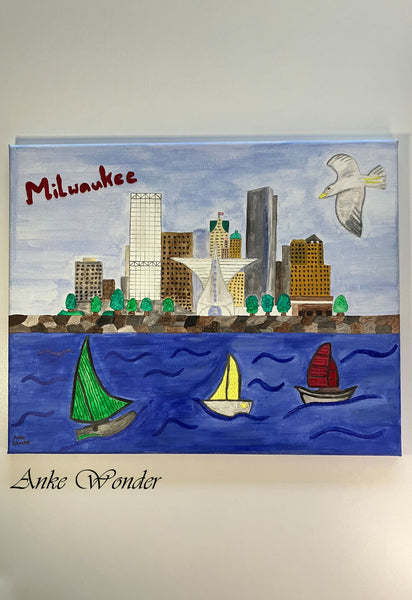 Hand-Embroidered Milwaukee Skyline with Sailboats Acrylic Painting - Anke Wonder LLC