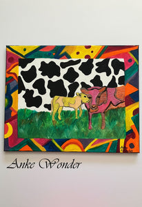 Acrylic Painting of colorful cow and calf in a field with black and white background