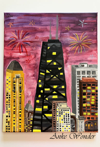 Acrylic painting of Chicago’s Hancock Center and skyscrapers at night with fireworks