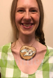 Handpainted Wooden Necklace with tropical white and red-tailed  Koaʻe ʻula bird, with brown cotton band and gift box.
