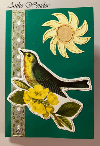 Hand-Embroidered greeting card with vintage bird, yellow flowers and the sun for gifting.