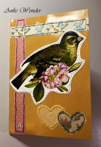 Hand-Embroidered greeting card with vintage bird, purple flowers and heart applications for gifting