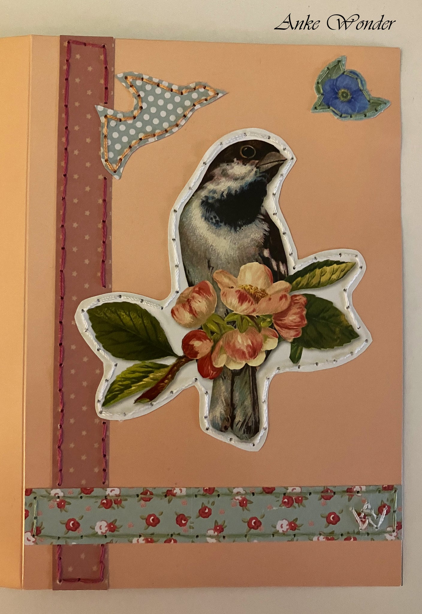 Hand-Embroidered vintage greeting card with a bird application for gifting.
