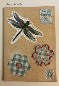 Hand-Embroidered vintage greeting card with a dragon-fly application for gifting.