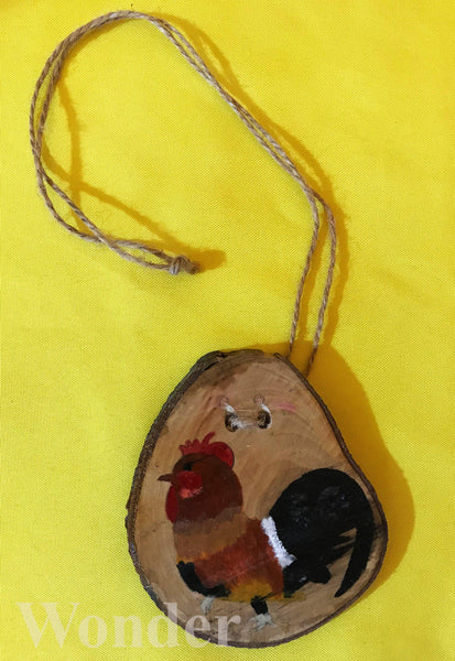 Handpainted Wooden Necklace with brown, red, black and white chicken motif and brown cotton band and gift box.