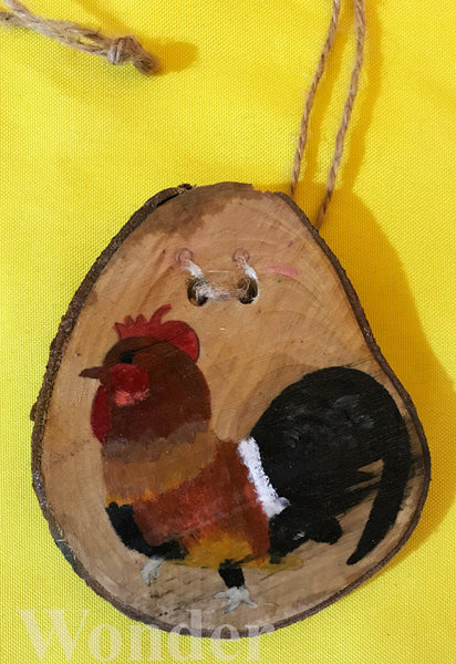 Handpainted Wooden Necklace with brown, red, black and white chicken motif and brown cotton band and gift box.