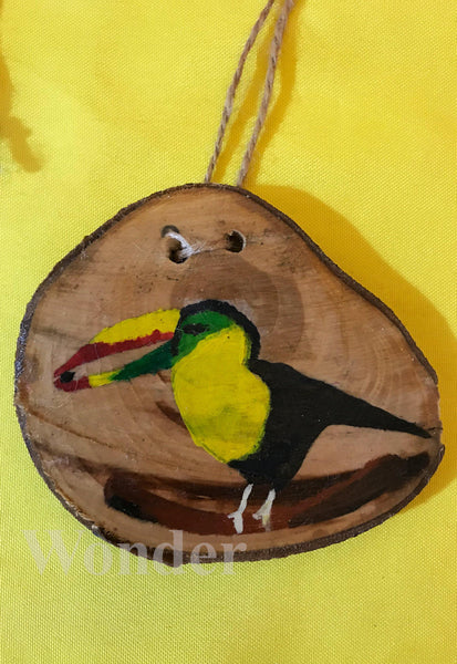 Handpainted Wooden Necklace with colorful toucan, with brown cotton band and gift box.