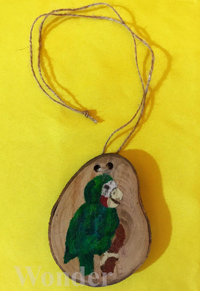  Handpainted Wooden Necklace with green and red cuban amazon parrot, with brown cotton band and gift box.