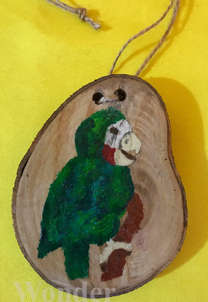  Handpainted Wooden Necklace with green and red cuban amazon parrot, with brown cotton band and gift box.
