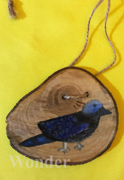 Handpainted Wooden Necklace with gray and blue zebra dove, with brown cotton band and gift box.
