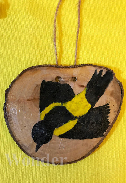 Handpainted Wooden Necklace with black and yellow Black-Cowled Oriole and brown cotton band and gift box.