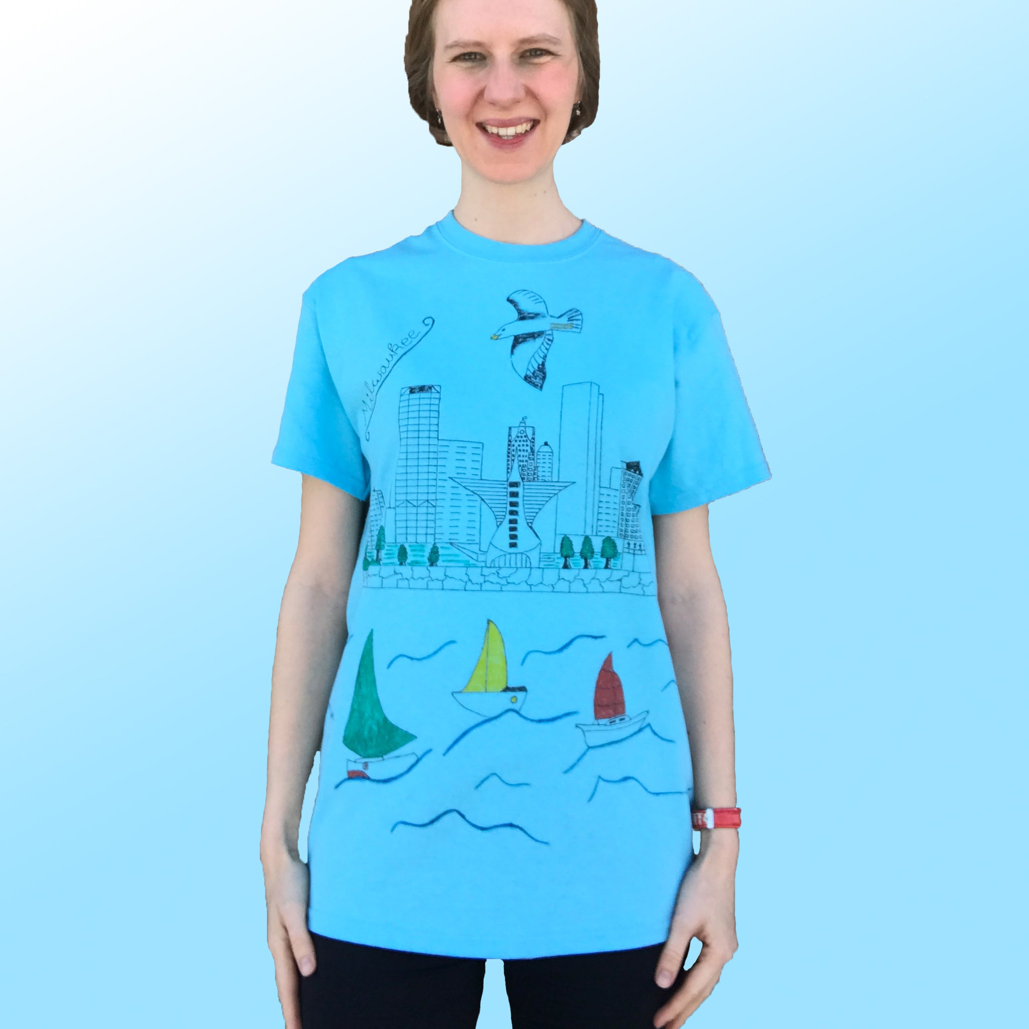 Women's Handpainted Sky Blue T-Shirt Milwaukee Skyline - Anke Wonder LLC