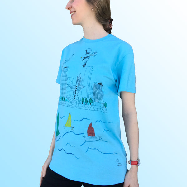 Women's Handpainted Sky Blue T-Shirt Milwaukee Skyline - Anke Wonder LLC