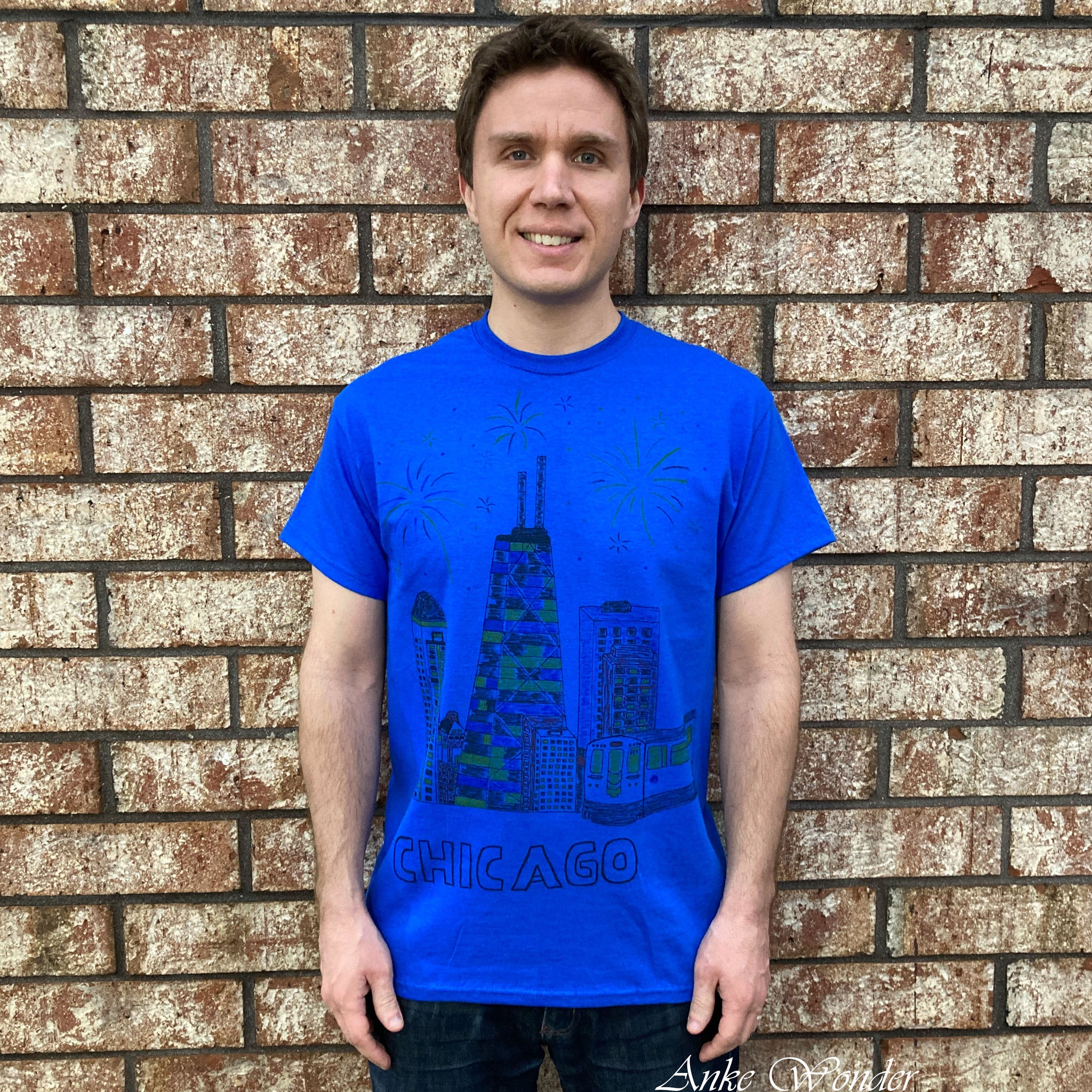 Men's Handpainted Navy Blue T-Shirt Chicago Skyline - Anke Wonder LLC