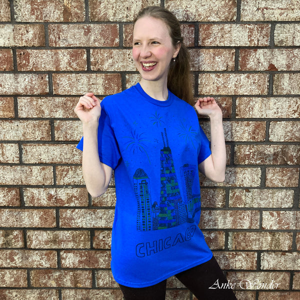 Women's Handpainted Navy Blue T-Shirt Chicago Skyline - Anke Wonder LLC