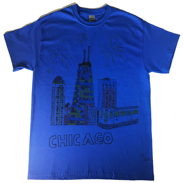 Men's Handpainted Navy Blue T-Shirt Chicago Skyline - Anke Wonder LLC