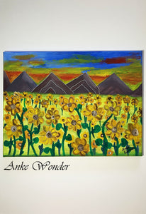 Acrylic Painting of sunflower field surrounded by pyramid shaped mountains