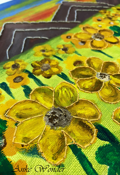 Acrylic Painting of sunflower field surrounded by pyramid shaped mountains
