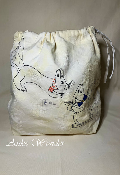 Hand-Painted Squirrels Drawstring Bag Naturally Dyed - Anke Wonder LLC