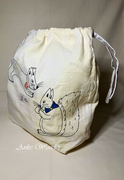 Hand-Painted Squirrels Drawstring Bag Naturally Dyed - Anke Wonder LLC