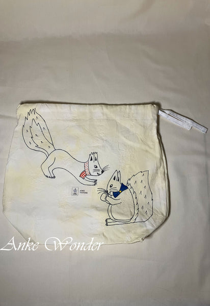 Hand-Painted Squirrels Drawstring Bag Naturally Dyed - Anke Wonder LLC